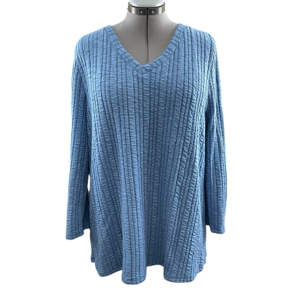 Soft Surroundings Goldie Blue Tunic Blouse XL Stretch Crinkle Button Back